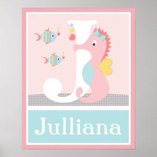 Girly Sea Ocean Life Pink Seahorse Initial Poster