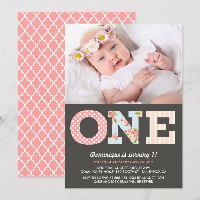 Girly Shabby Chic First Birthday Photo Invitation (Front/Back)