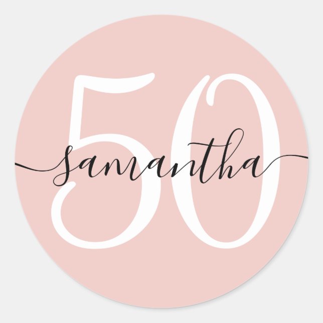 Girly Signature Personalised Number 50 Blush Classic Round Sticker (Front)