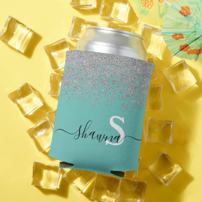 Girly Silver and Teal Monogram Aqua Sparkle Can Cooler (In Situ Summer)