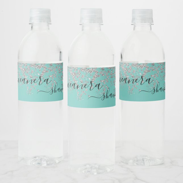 Girly Silver and Teal Monogram Aqua Sparkle Water Bottle Label (Bottles)