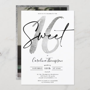 Girly silver border script photo Sweet 16 Invitation