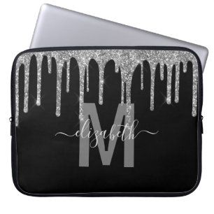 Girly Silver Dripping Glitter Monogram Name Laptop Sleeve