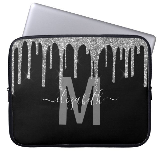 Girly Silver Dripping Glitter Monogram Name Laptop Sleeve (Front)