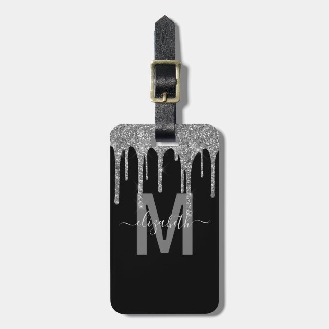 Girly Silver Dripping Glitter Monogram Name Luggage Tag (Front Vertical)