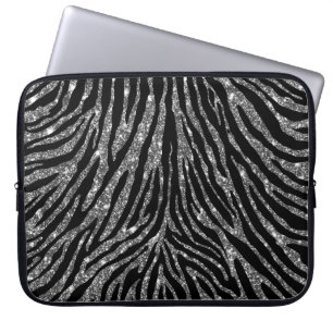 Girly Silver Faux Glitter Black Zebra Pattern Laptop Sleeve