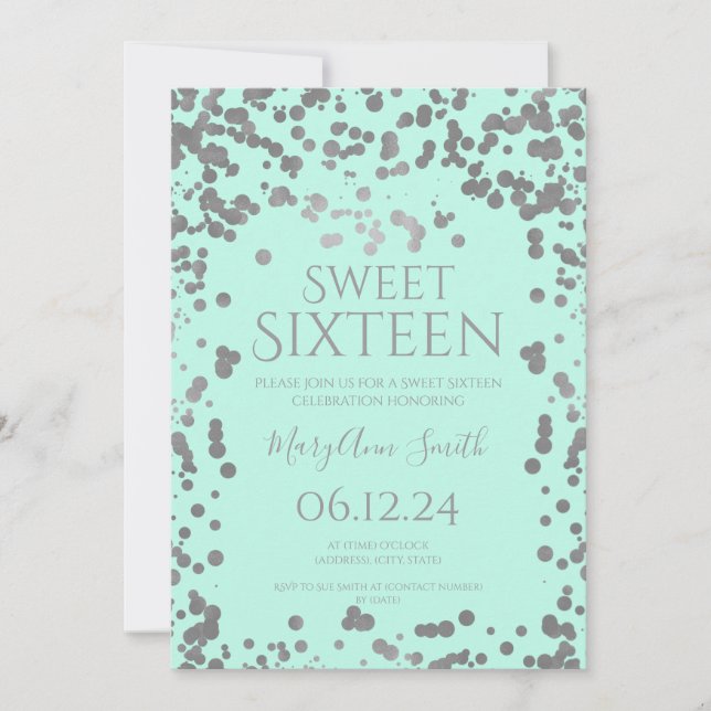 Girly Silver Foil Confetti Sweet Sixteen Mint  Invitation (Front)