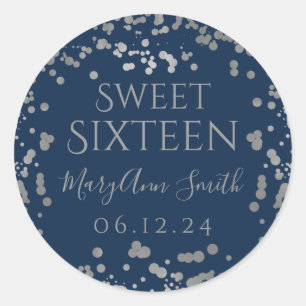 Girly Silver Foil Confetti Sweet Sixteen Navy  Classic Round Sticker
