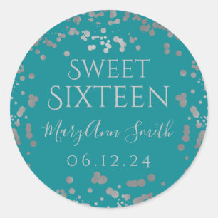 Girly Silver Foil Confetti Sweet Sixteen Teal Classic Round Sticker
