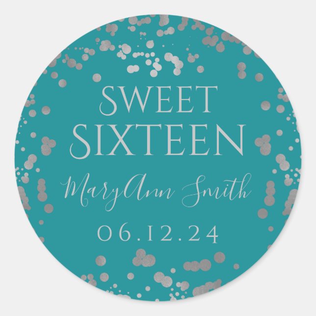 Girly Silver Foil Confetti Sweet Sixteen Teal  Classic Round Sticker (Front)
