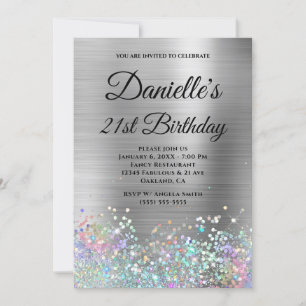 Girly Silver Foil Holo Glitter Fancy Monogram Invitation