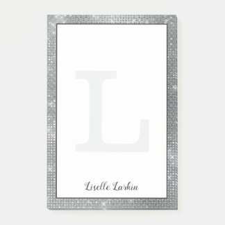 Girly Silver Glam Diamond Sparkle Monogram Name Post-it Notes