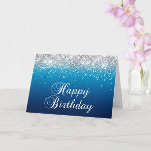 Girly Silver Glitter Blue Gradient Happy Birthday Card