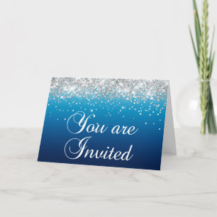 Girly Silver Glitter Blue Gradient You Are Invited Invitation