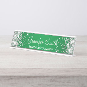 Girly Silver Glitter Bright Green Gradient Desk Name Plate