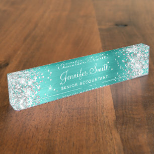 Girly Silver Glitter Bright Turquoise Foil Nameplate