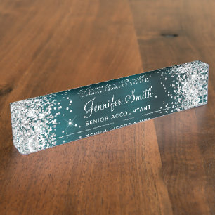 Girly Silver Glitter Dark Turquoise Foil Nameplate