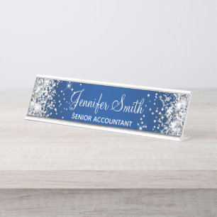 Girly Silver Glitter Deep Blue Gradient Desk Name Plate