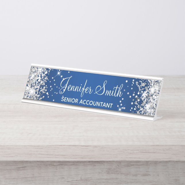 Girly Silver Glitter Deep Blue Gradient Desk Name Plate (Front)