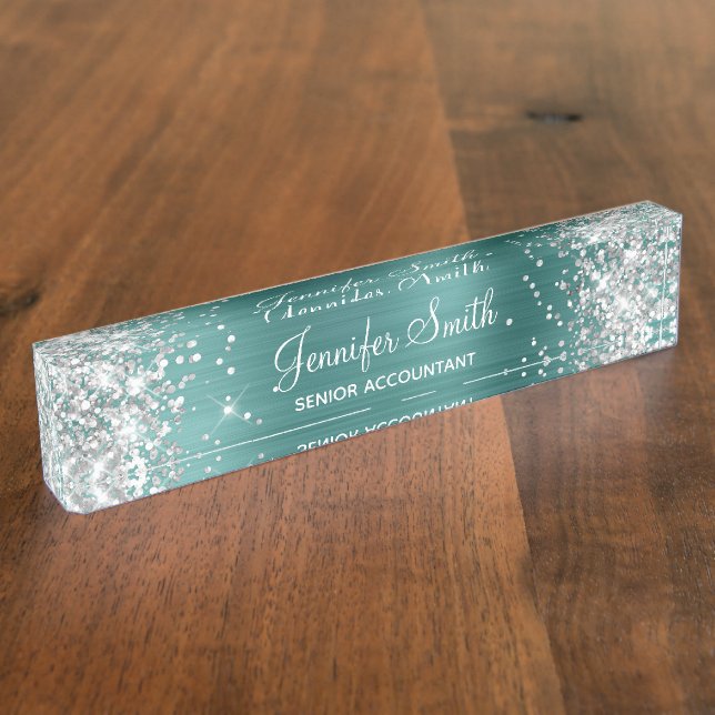 Girly Silver Glitter Faux Aqua Teal Foil Nameplate (Side)
