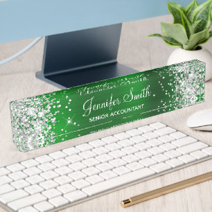 Girly Silver Glitter Faux Emerald Green Foil Nameplate