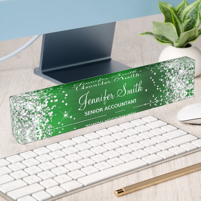 Girly Silver Glitter Faux Emerald Green Foil Nameplate