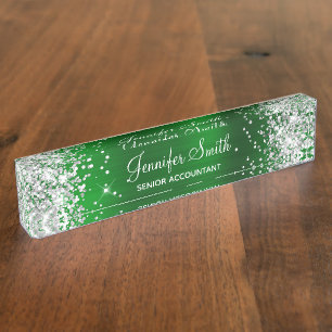 Girly Silver Glitter Faux Emerald Green Foil Nameplate