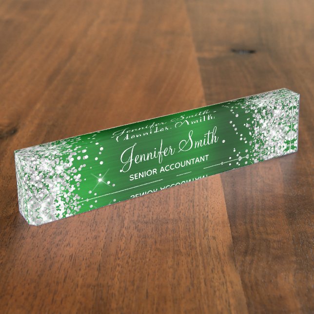 Girly Silver Glitter Faux Emerald Green Foil Nameplate (Side)