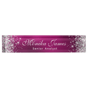 Girly Silver Glitter Hot Pink Foil Ombre Custom Nameplate