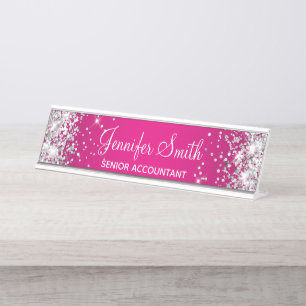 Girly Silver Glitter Hot Pink Gradient Desk Name Plate