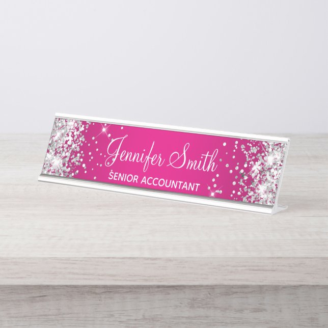 Girly Silver Glitter Hot Pink Gradient Desk Name Plate (Front)