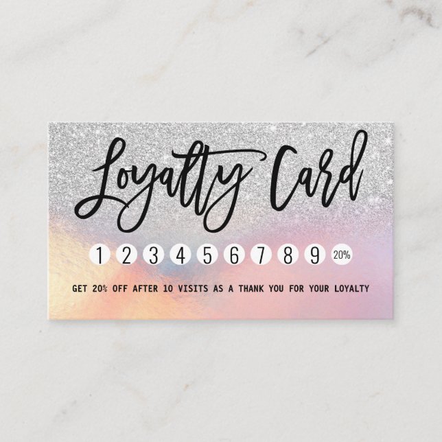 Girly Silver Glitter Iridescent Holographic Ombre Loyalty Card (Front)