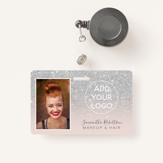 Girly silver glitter logo employee photo pass ID badge (Front with Retractable)