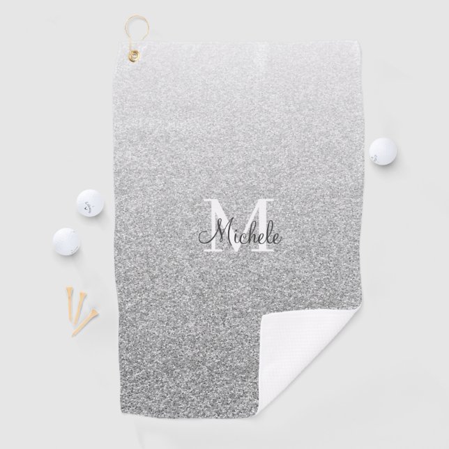Girly Silver Glitter Monogram Script Golf Towel (InSitu)