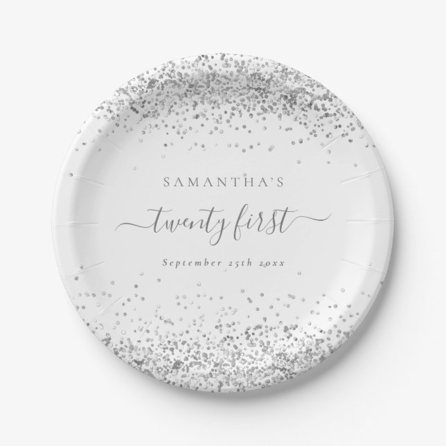 Girly Silver Glitter Name Date Twenty First Party Paper Plate (Front)