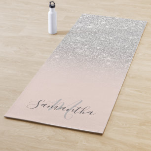 Girly silver glitter ombre pink monogrammed yoga mat