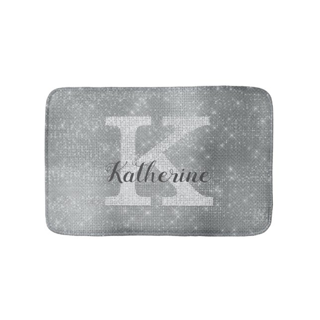 Girly Silver Glitter Sparkle Glam Monogram Name Bath Mat (Front)