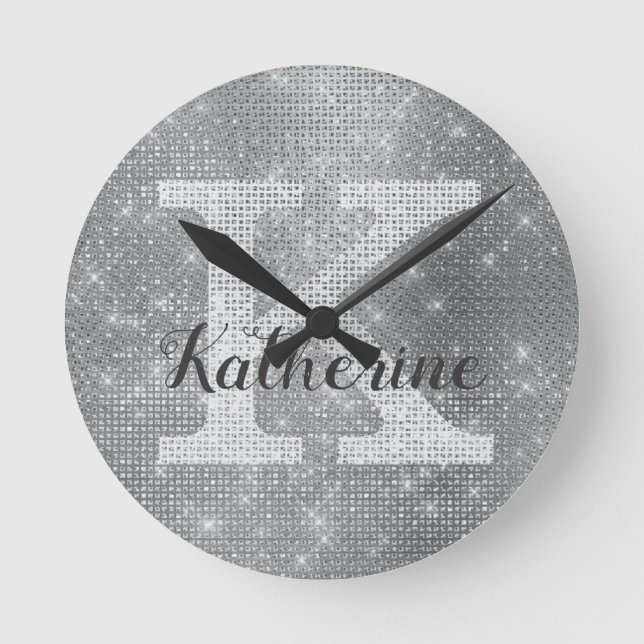 Girly Silver Glitter Sparkle Glam Monogram Name Round Clock (Front)