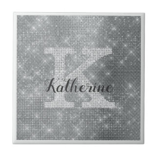 Girly Silver Glitter Sparkle Glam Monogram Name Tile