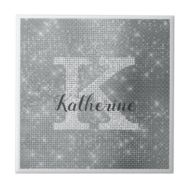 Girly Silver Glitter Sparkle Glam Monogram Name Tile (Front)