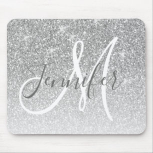 Girly Silver Glitter Sparkles Grey Monogram Name Mouse Mat