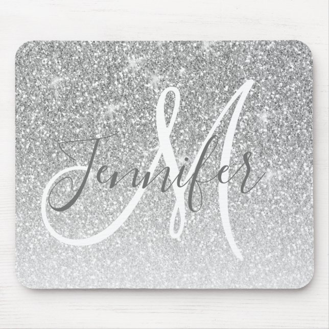 Girly Silver Glitter Sparkles Grey Monogram Name Mouse Mat (Front)