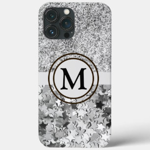Girly Silver Glitter Stars Monogram iPhone 13 Pro Max Case