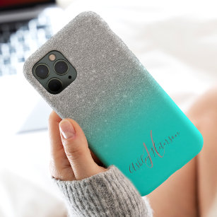 Girly silver glitter teal ombre monogrammed Case-Mate iPhone case