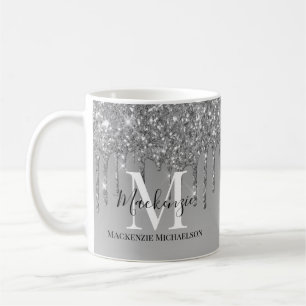 Girly Silver Grey Glitter Monogram Name   Coffee Mug