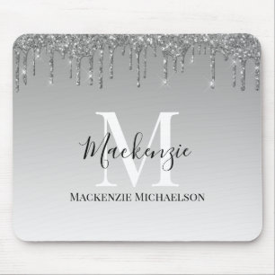 Girly Silver Grey Glitter Monogram Name Mouse Mat