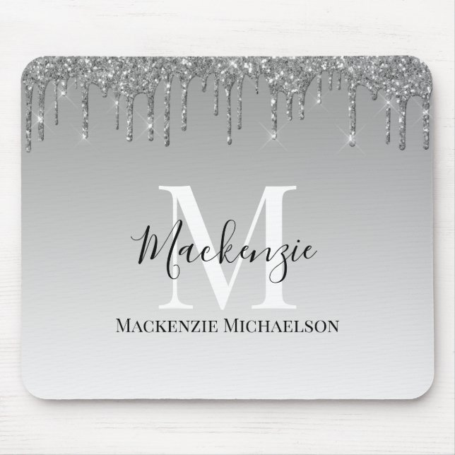 Girly Silver Grey Glitter Monogram Name   Mouse Mat (Front)