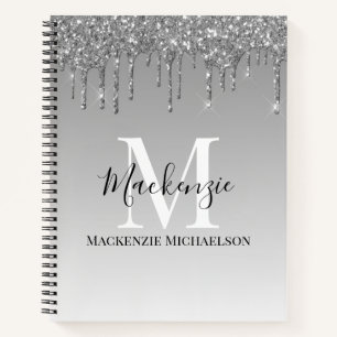 Girly Silver Grey Glitter Monogram Name Notebook