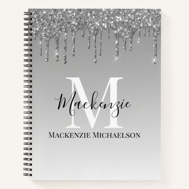 Girly Silver Grey Glitter Monogram Name Notebook (Front)