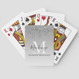 Girly Silver Grey Glitter Monogram Name  Playing Cards